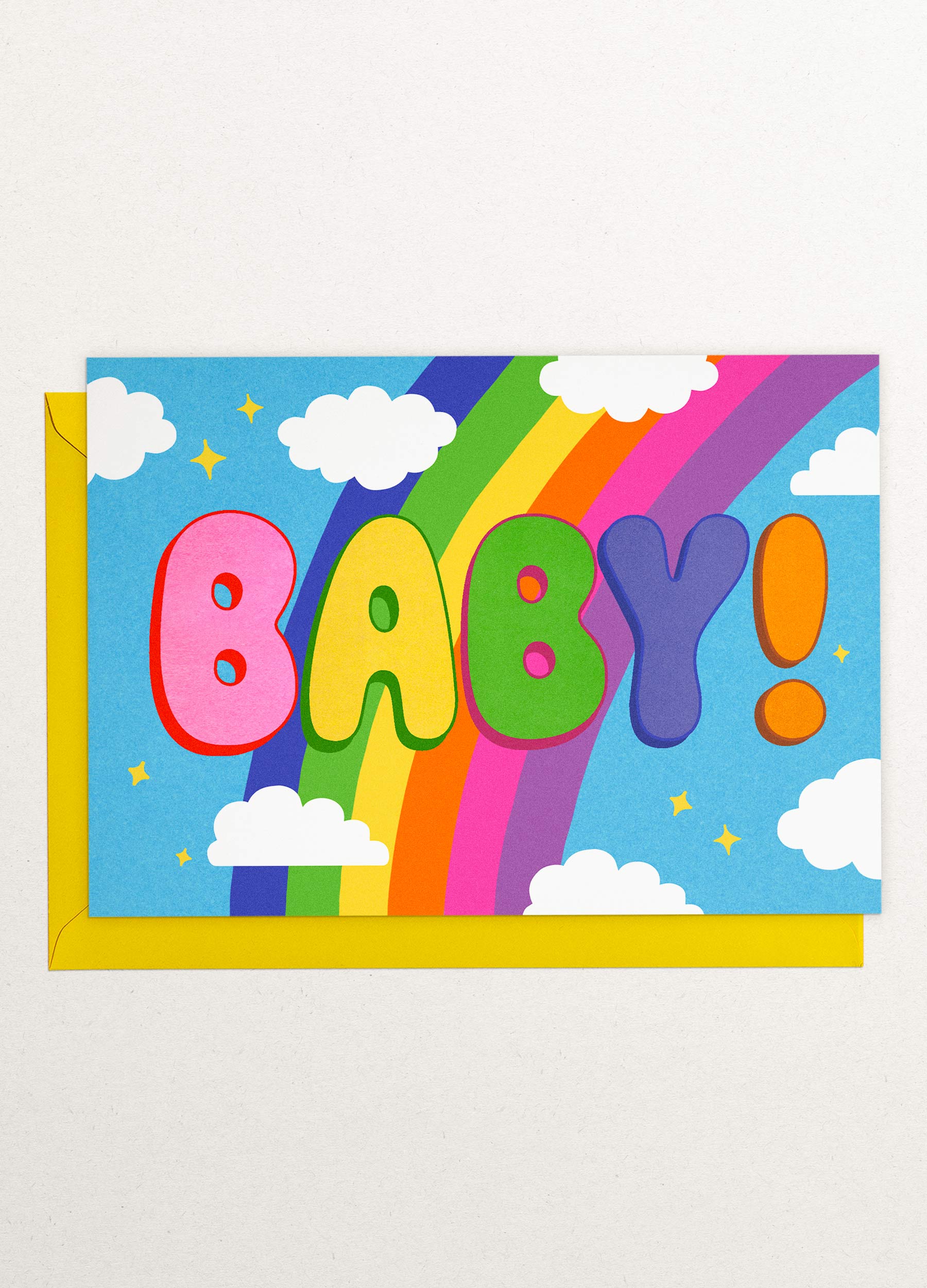 A beautiful and colourful greeting card with the word Baby! written across it! 
